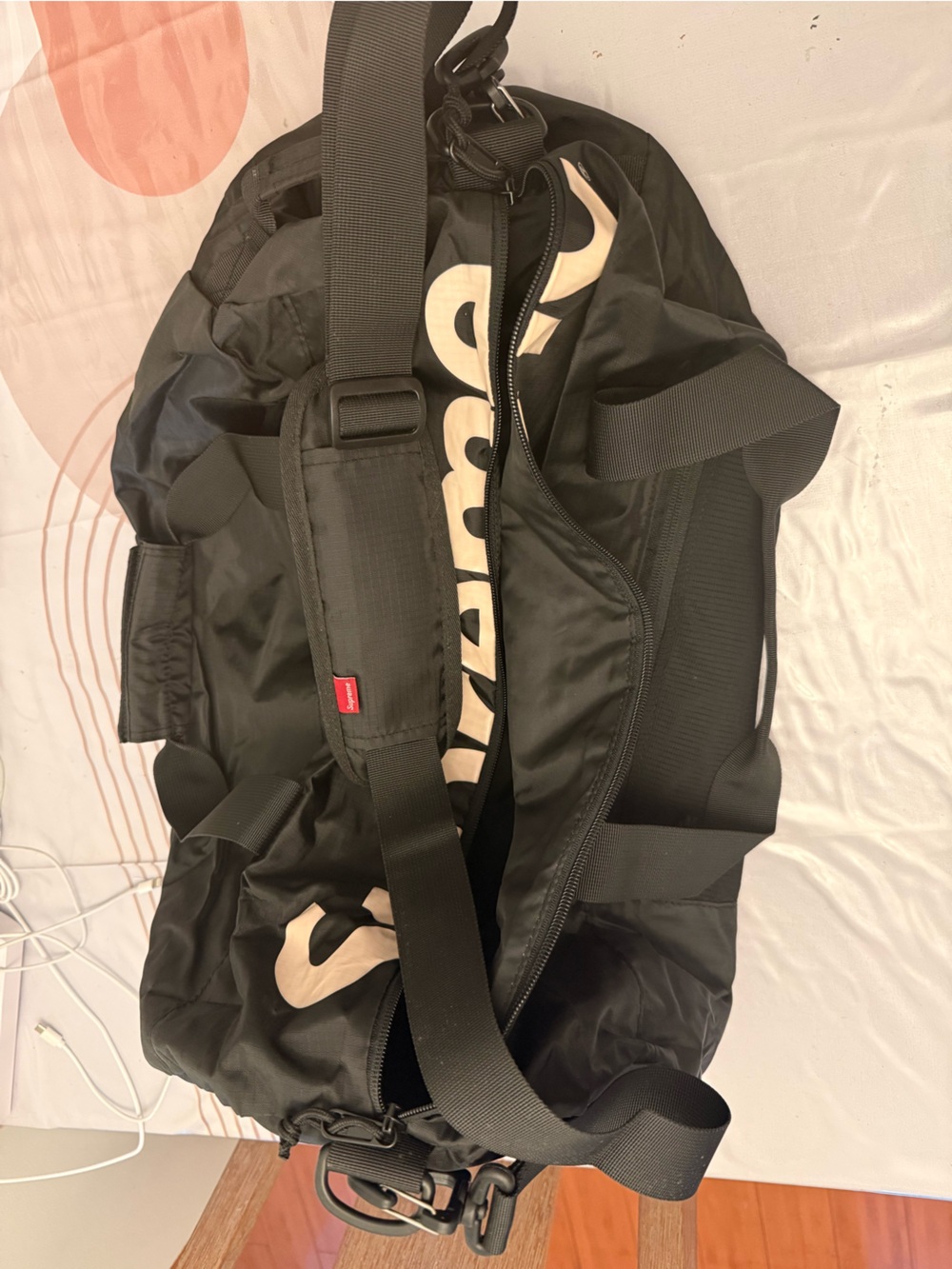 Supreme Black Duffel Bag with White Logo